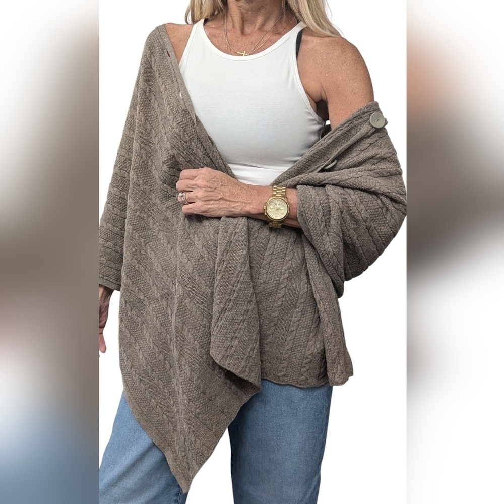 Soft Surroundings Lambswool Cashmere Cable Knit Poncho Cape S M Taupe